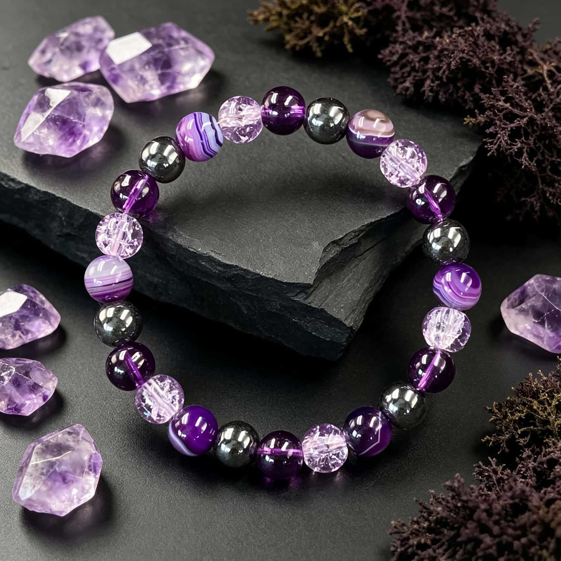 Mixed Purple Beaded Stretch Bracelet, Stackable Gift